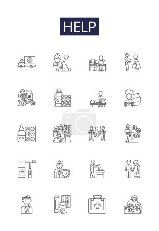 Illustration for Help line vector icons and signs. Assist, Support, Guide, Backing, Facilitate, Resolve, Lend, Back vector outline illustration set - Royalty Free Image