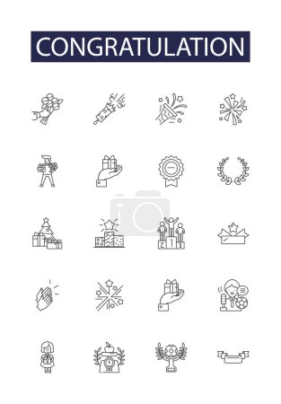 Illustration for Congratulation line vector icons and signs. Gratitude, Praise, Applaud, Cheers, Clap, Salute, Admire, Encouragement vector outline illustration set - Royalty Free Image