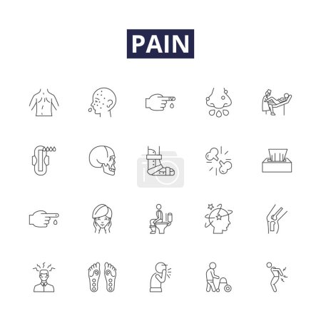 Illustration for Pain line vector icons and signs. Achy, Stinging, Suffering, Anguish, Smarting, Pangs, Discomfort, Distress vector outline illustration set - Royalty Free Image