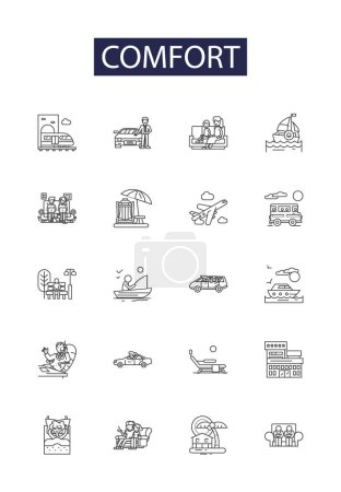 Illustration for Comfort line vector icons and signs. Serene, Relaxing, Soothing, Harmony, Homely, Content, Placid, Snug vector outline illustration set - Royalty Free Image