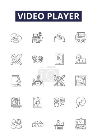Illustration for Video player line vector icons and signs. Browser, Streaming, Software, App, Device, Codecs, Interface, Controls vector outline illustration set - Royalty Free Image