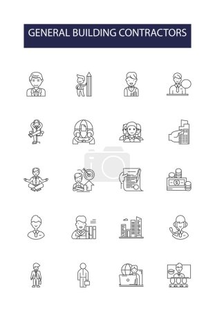 Illustration for General building contractors line vector icons and signs. Contractor, Construction, Builder, Construct, Renovate, Constructing, Constructions, General vector outline illustration set - Royalty Free Image