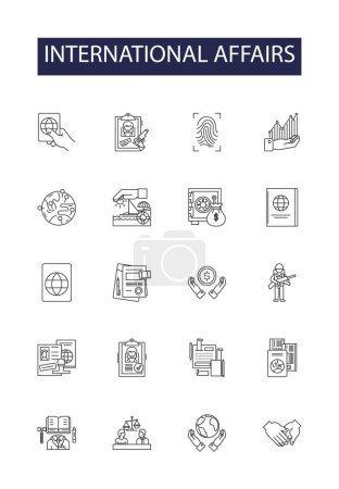 Illustration for International affairs line vector icons and signs. Politics, Treaties, Economics, Relationships, Security, Trade, World, Boundaries vector outline illustration set - Royalty Free Image