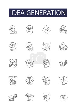 Illustration for Idea generation line vector icons and signs. Innovation, Conceptualizing, Inventing, Imagining, Ideating, Designing, Thought-provoking, Thinking vector outline illustration set - Royalty Free Image