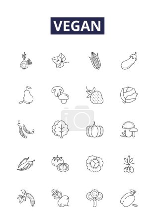 Illustration for Vegan line vector icons and signs. cruelty-free, dairy-free, plant-based, organic, veganism, compassionate, ethical, wellness vector outline illustration set - Royalty Free Image