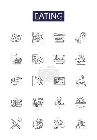 Vektorsymbole und -zeichen essen. Schlemmen, genießen, schnauben, knabbern, spotten, schlucken, verschlingen, Kauvektorumrisse illustrieren