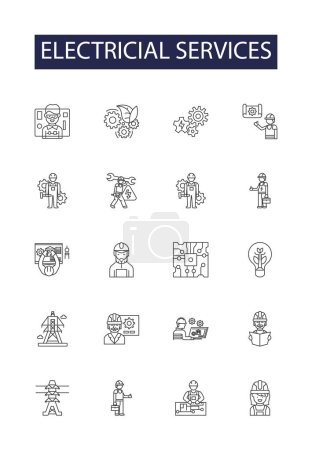 Illustration for Electricial services line vector icons and signs. Services, Wiring, Circuit, Repair, Installation, Equipments, Fuses, Transformers vector outline illustration set - Royalty Free Image