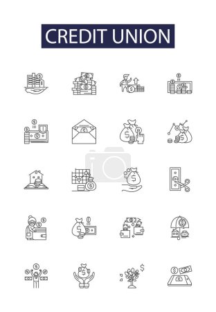 Illustration for Credit union line vector icons and signs. Union, Financial, Banking, Services, Cooperative, ATM, Checking, Savings vector outline illustration set - Royalty Free Image