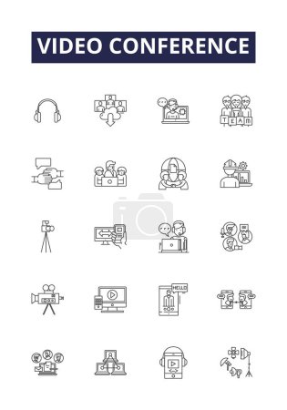 Illustration for Video conference line vector icons and signs. Videoconferencing, Zoom, Skype, Facetime, Webex, Microsoft Teams, Webinar, Hangouts vector outline illustration set - Royalty Free Image