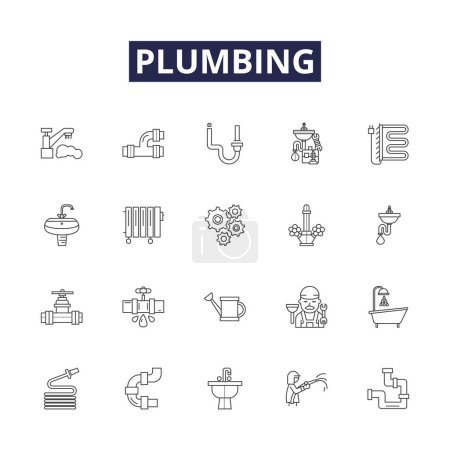 Illustration for Plumbing line vector icons and signs. Leaking, Drainage, Toilets, Faucets, Sink, Basin, Bathtub, Fixtures vector outline illustration set - Royalty Free Image