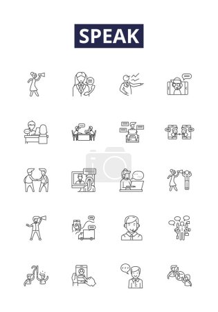 Illustration for Speak line vector icons and signs. Express, Utter, Verbalize, Articulate, Narrate, Chat, State, Pronounce vector outline illustration set - Royalty Free Image