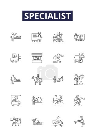 Illustration for Specialist line vector icons and signs. Authority, Professional, Consultant, Advisor, Technician, Tactician, Guru, Maestro vector outline illustration set - Royalty Free Image