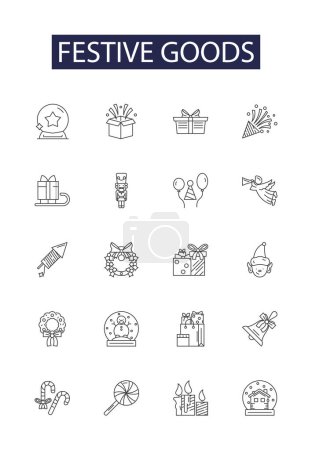 Illustration for Festive goods line vector icons and signs. Decorations, Gifts, Wrappings, Lights, Trees, Foods, Costumes, Ornaments vector outline illustration set - Royalty Free Image