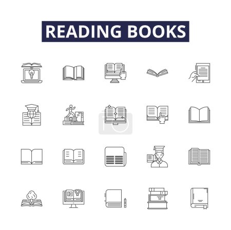 Illustration for Reading books line vector icons and signs. Books, Novels, Literature, Stories, Texts, Magazines, Scripts, Non-Fiction vector outline illustration set - Royalty Free Image