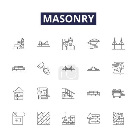 Illustration for Masonry line vector icons and signs. bricklaying, tiling, pointing, stonework, blockwork, stonemasonry, brickwork, render vector outline illustration set - Royalty Free Image