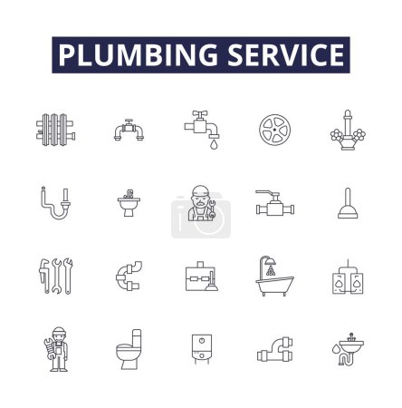 Illustration for Plumbing service line vector icons and signs. Pipes, Fittings, Repair, Leaks, Clogs, Unblocking, Installation, Toilet vector outline illustration set - Royalty Free Image