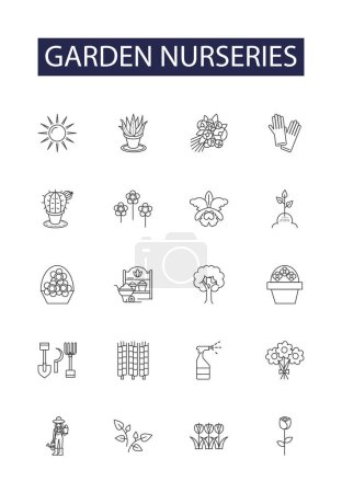 Illustration for Garden nurseries line vector icons and signs. Garden, Plants, Trees, Shrubs, Flowers, Herbs, Succulents, Bushes vector outline illustration set - Royalty Free Image