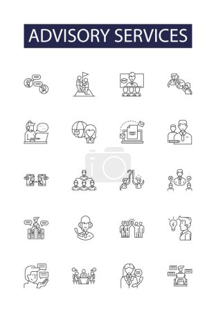 Illustration for Advisory services line vector icons and signs. Consulting, Counseling, Facilitating, Mentoring, Guiding, Directing, Monitoring, Troubleshooting vector outline illustration set - Royalty Free Image