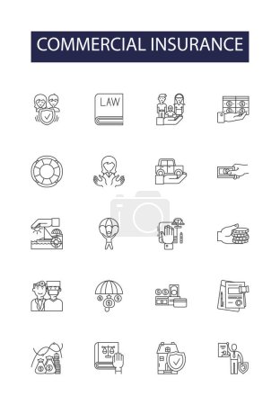 Illustration for Commercial insurance line vector icons and signs. Coverage, Liability, Risk, Protection, Plan, Security, Policy, Vehicle vector outline illustration set - Royalty Free Image