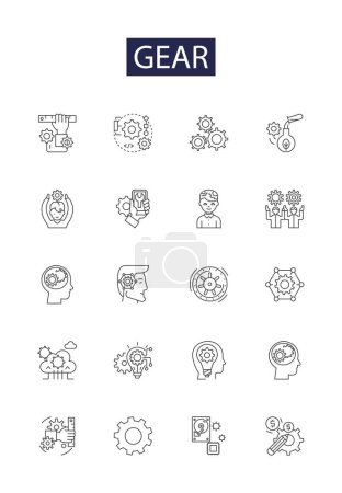 Illustration for Gear line vector icons and signs. Wheel, Gearbox, Drivetrain, Cycle, Ratchet, Winch, Axle, Sprocket vector outline illustration set - Royalty Free Image