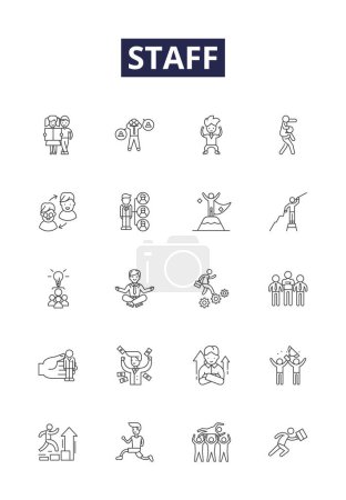Illustration for Staff line vector icons and signs. Employees, Workers, Colleagues, Personnel, Associates, Instructors, Guides, Instructors vector outline illustration set - Royalty Free Image