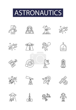 Illustration for Astronautics line vector icons and signs. Astronautics, Orbital, Flight, Technology, Rockets, Propulsion, Spacecraft, Astronomy vector outline illustration set - Royalty Free Image