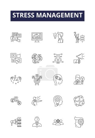 Illustration for Stress management line vector icons and signs. Relaxation, Exercise, Meditation, Humor, Socializing, Gratitude, Sleep, Creativity vector outline illustration set - Royalty Free Image