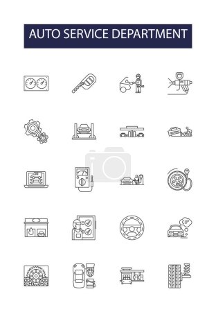 Auto service department line vector icons and signs. Maintenance, Diagnostics, Tires, Brakes, Oil, Alignment, Detailing, Testing vector outline illustration set