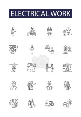 Illustration for Electrical work line vector icons and signs. installation, servicing, repairing, rewiring, inspection, troubleshooting, upgrading,faultfinding vector outline illustration set - Royalty Free Image
