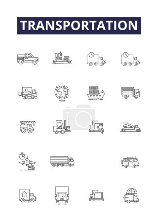 Ilustración de Línea de transporte vectorial iconos y signos. Coches, Trenes, Barcos, Aviones, Envío, Ciclismo, Cabinas, Conjunto de ilustración de contorno de vector de metro - Imagen libre de derechos