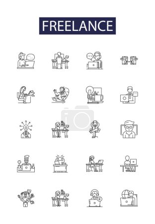 Illustration for Freelance line vector icons and signs. Outsourcer, Gigging, Self-employed, Contractor, Jobbing, Hiring, Virtual, Negotiating vector outline illustration set - Royalty Free Image