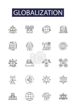 Illustration for Globalization line vector icons and signs. Economic, Trade, Connectivity, Interdependence, Transnational, Fusion, Expanding, Mobility vector outline illustration set - Royalty Free Image