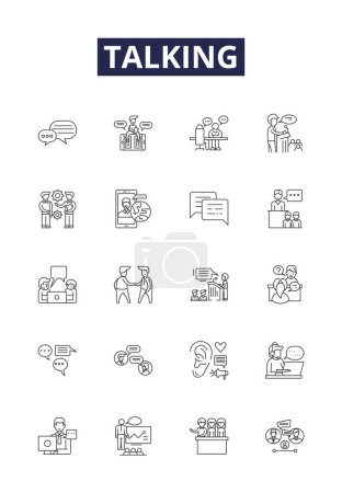 Illustration for Talking line vector icons and signs. Conversing, Dialogue, Discoursing, Gossiping, Orating, Shouting, Spewing, Speaking vector outline illustration set - Royalty Free Image