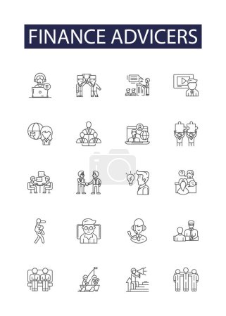 Illustration for Finance advicers line vector icons and signs. Financiers, Consultants, Analysts, Accountants, Bankers, Brokers, Planners, Wealth Managers vector outline illustration set - Royalty Free Image