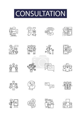 Illustration for Consultation line vector icons and signs. Counsel, Assistence, Advice, Huddle, Confabulation, Support, Dialogue, Meeting vector outline illustration set - Royalty Free Image