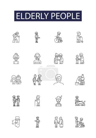 Illustration for Elderly people line vector icons and signs. People, Aged, Seniors, Older, Adults, Retirees, Grandparents, Golden-agers vector outline illustration set - Royalty Free Image
