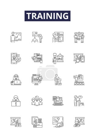 Training line vector icons and signs. Coaching, Tutoring, Drill, Exercise, Drilling, Preparation, Practising, Schooling vector outline illustration set