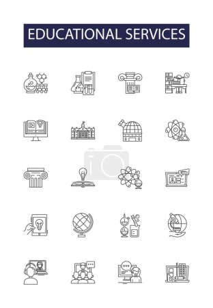 Illustration for Educational services line vector icons and signs. Teaching, Coaching, Lecturing, Training, Classroom, Seminars, Workshops, Institutes vector outline illustration set - Royalty Free Image