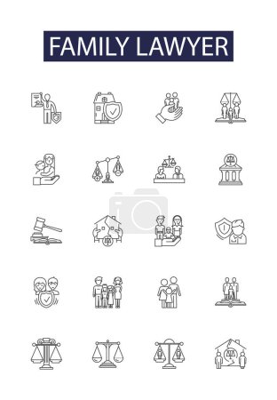 Illustration for Family lawyer line vector icons and signs. family, legal, attorney, law, background, legislation, justice,gavel vector outline illustration set - Royalty Free Image