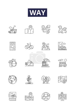 Illustration for Way line vector icons and signs. Method, Journey, Avenue, Means, Road, System, Process, Course vector outline illustration set - Royalty Free Image