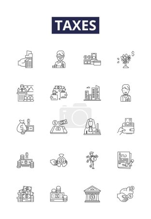 Illustration for Taxes line vector icons and signs. Duty, Rate, Payable, Obligation, Assessment, Tribute, Toll, Imposed vector outline illustration set - Royalty Free Image