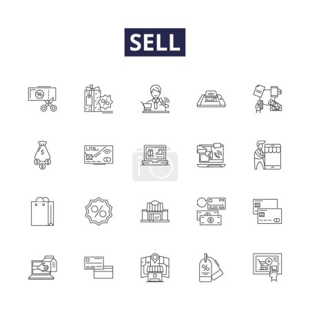 Illustration for Sell line vector icons and signs. Market, Re-sell, Push, Exchange, Promote, Clearance, Exchange, Push vector outline illustration set - Royalty Free Image