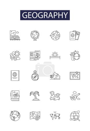 Illustration for Geography line vector icons and signs. oceans, terrain, landforms, climate, environment, continents, maps, coordinates vector outline illustration set - Royalty Free Image