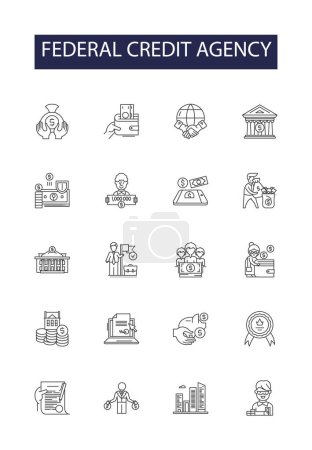 Illustration for Federal credit agency line vector icons and signs. VA, HUD, CFPB, SBA, SLS, NCUA, FCS, FCA vector outline illustration set - Royalty Free Image