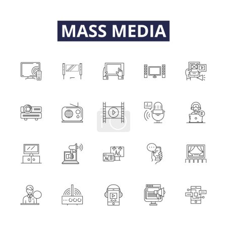Icônes et signes vectoriels de ligne de médias de masse. Masse, Communication, Diffusion, Journalisme, Réseau, Télévision, Radio, Série d'illustrations vectorielles imprimées