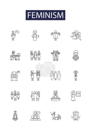 Illustration for Feminism line vector icons and signs. Women, Gender, Rights, Empowerment, Equity, Respect, Solidarity, Diversity vector outline illustration set - Royalty Free Image