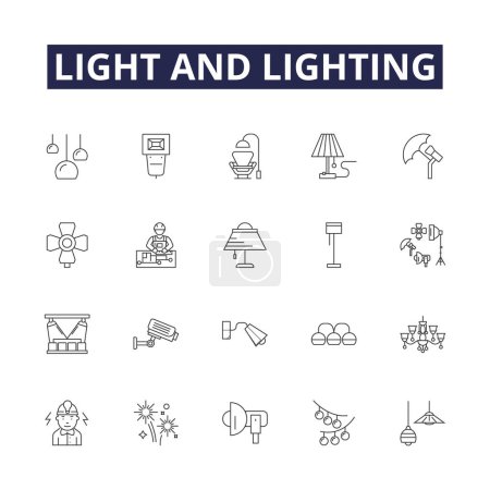 Illustration for Light and lighting line vector icons and signs. Illumination, Neon, Sunlight, Ambience, Sparkle, Candlelight, Glare, Shadow vector outline illustration set - Royalty Free Image