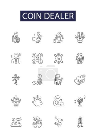 Illustration for Coin dealer line vector icons and signs. Dealer, Numismatist, Trading, Collecting, Investing, Silver, Gold, Bullion vector outline illustration set - Royalty Free Image