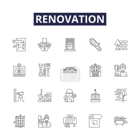 Illustration for Renovation line vector icons and signs. Redecorate, Upgrade, Transform, Refurbish, Revamp, Remodel, Restore, Overhaul vector outline illustration set - Royalty Free Image
