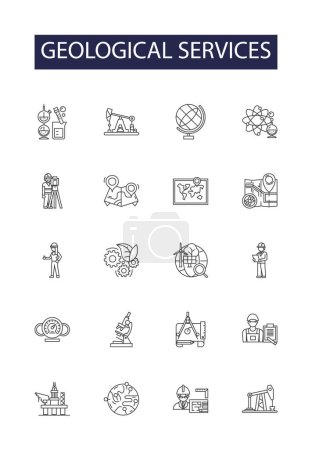 Geological services line vector icons and signs. Services, Surveying, Sampling, Drilling, Mapping, Analysis, Hydrology, Reporting vector outline illustration set